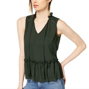Maison Jules Sheer Eyelet Peplum Olive Army Green Top